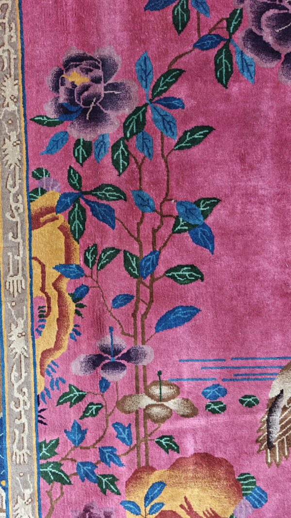 Antique allover floral design coral walter nichols art deco chinese hand knotted rug 15 Antique allover floral design coral walter nichols art deco chinese hand knotted rug, detail photo 4, stock number 24739