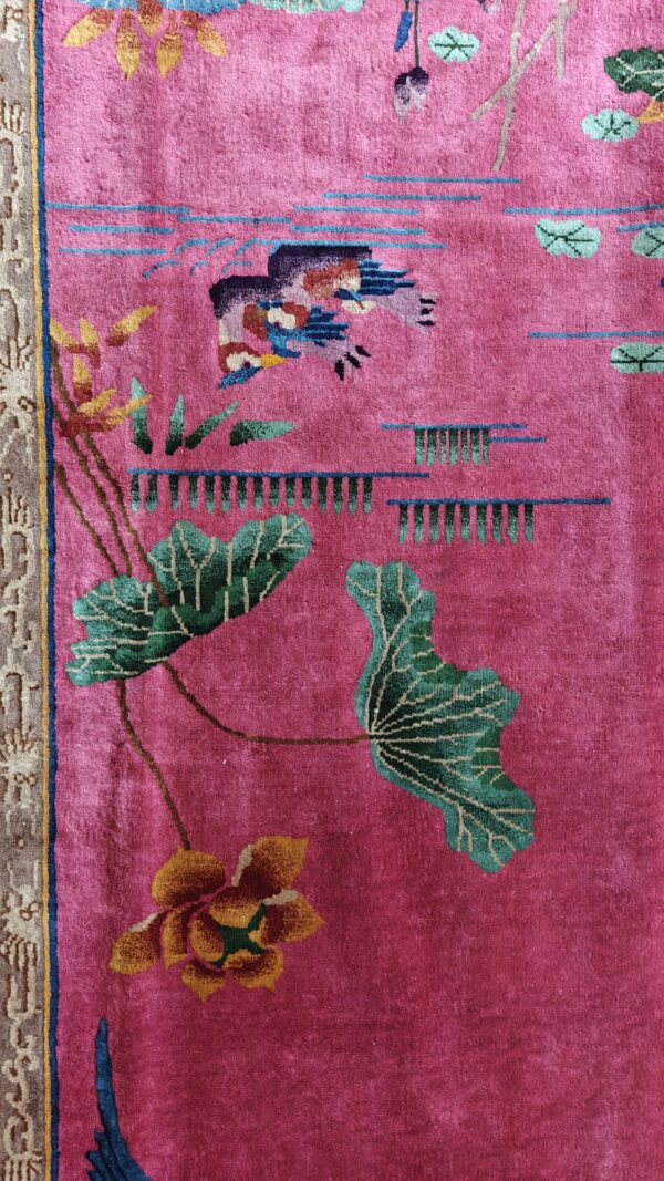 Antique allover floral design coral walter nichols art deco chinese hand knotted rug 18 Antique allover floral design coral walter nichols art deco chinese hand knotted rug, detail photo 7, stock number 24739