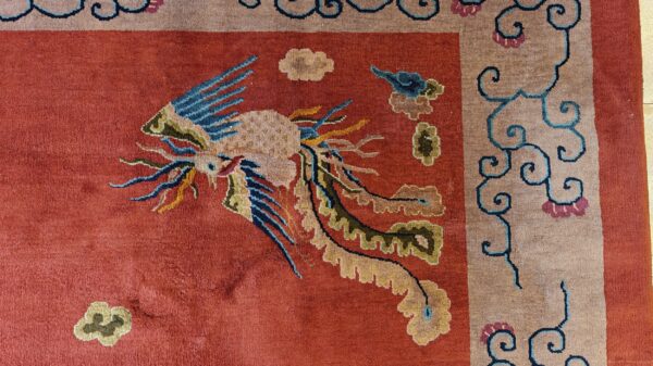 Antique art deco chinese allover medallion red knotted rug 7 Antique art deco chinese allover medallion red knotted rug, detail photo 1, stock number 24179