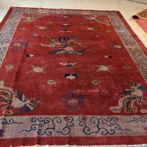 Antique Art Deco Chinese Allover Medallion Red Knotted Rug, detail photo 11, stock number 24179