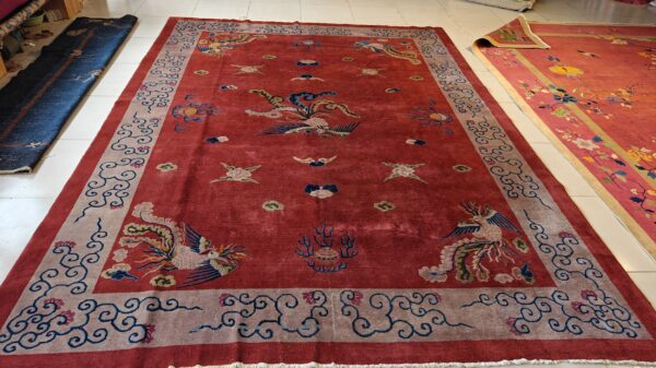 Antique art deco chinese allover medallion red knotted rug 17 Antique art deco chinese allover medallion red knotted rug, detail photo 11, stock number 24179