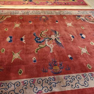 Antique Art Deco Chinese Allover Medallion Red Knotted Rug, detail photo 12, stock number 24179
