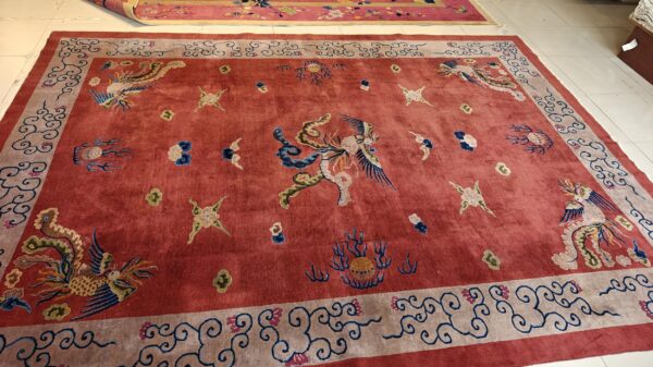 Antique art deco chinese allover medallion red knotted rug 18 Antique art deco chinese allover medallion red knotted rug, detail photo 12, stock number 24179