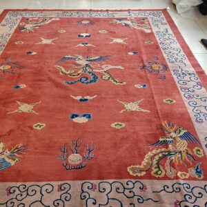 Antique Art Deco Chinese Allover Medallion Red Knotted Rug, detail photo 13, stock number 24179