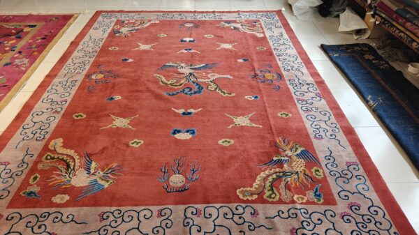 Antique art deco chinese allover medallion red knotted rug 19 Antique art deco chinese allover medallion red knotted rug, detail photo 13, stock number 24179