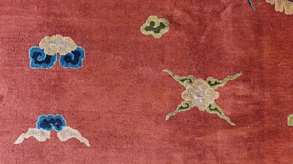 Antique art deco chinese allover medallion red knotted rug 8 Antique art deco chinese allover medallion red knotted rug, detail photo 2, stock number 24179