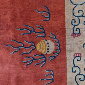 Antique Art Deco Chinese Allover Medallion Red Knotted Rug, detail photo 3, stock number 24179