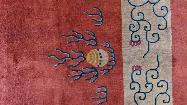 Antique art deco chinese allover medallion red knotted rug 9 Antique art deco chinese allover medallion red knotted rug, detail photo 3, stock number 24179
