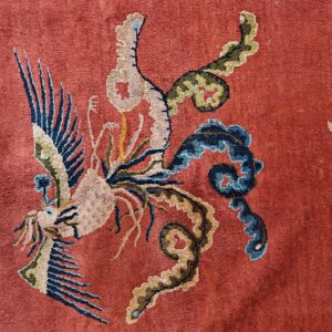 Antique Art Deco Chinese Allover Medallion Red Knotted Rug, detail photo 4, stock number 24179