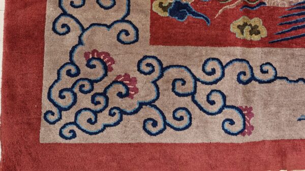 Antique art deco chinese allover medallion red knotted rug 11 Antique art deco chinese allover medallion red knotted rug, detail photo 5, stock number 24179