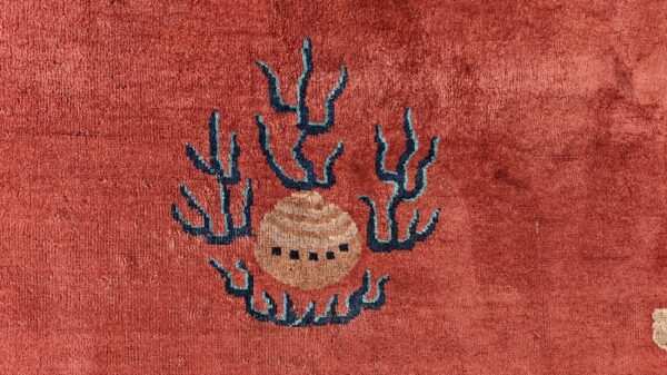 Antique art deco chinese allover medallion red knotted rug 13 Antique art deco chinese allover medallion red knotted rug, detail photo 7, stock number 24179