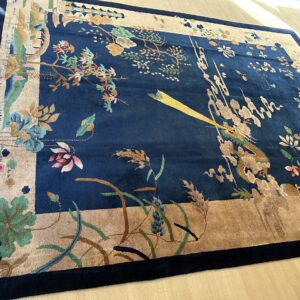 Antique Art Deco Room Size Wool Beige, Navy Rug, detail photo 1, stock number 24061