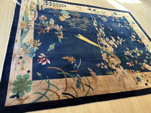Antique art deco room size wool beige, navy rug 5 Antique art deco room size wool beige, navy rug, detail photo 1, stock number 24061