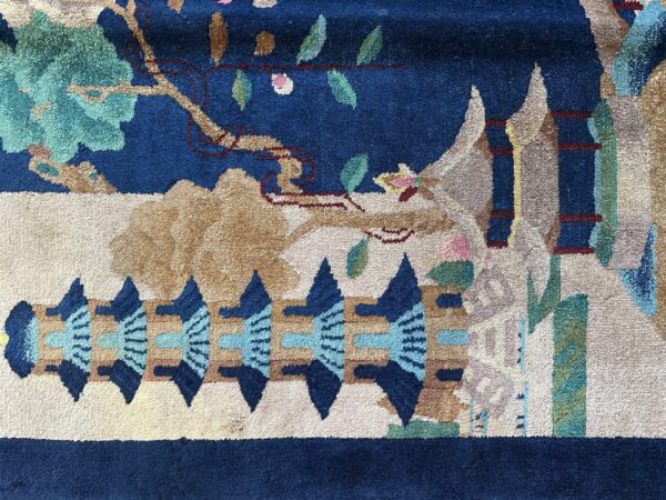 Antique art deco room size wool beige, navy rug 15 Antique art deco room size wool beige, navy rug, detail photo 11, stock number 24061
