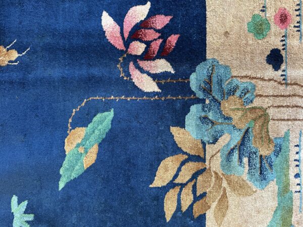Antique art deco room size wool beige, navy rug 17 Antique art deco room size wool beige, navy rug, detail photo 13, stock number 24061