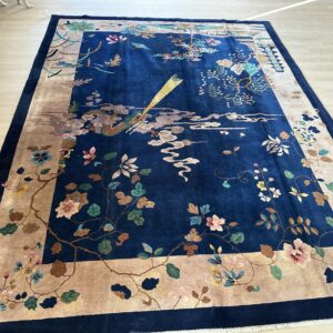 Antique Art Deco Room Size Wool Beige, Navy Rug, detail photo 2, stock number 24061