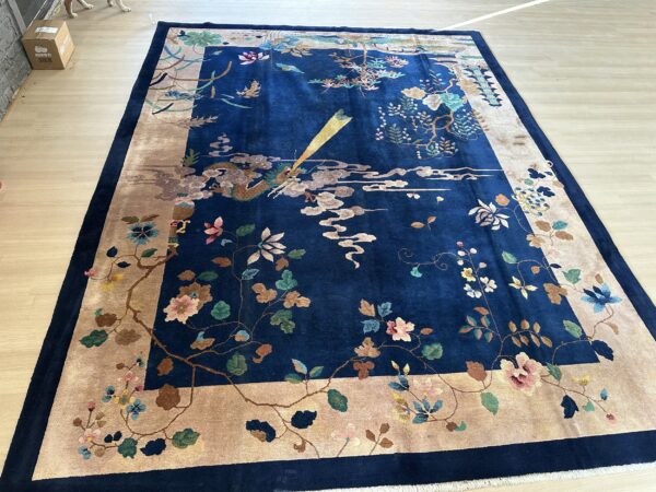 Antique art deco room size wool beige, navy rug 6 Antique art deco room size wool beige, navy rug, detail photo 2, stock number 24061