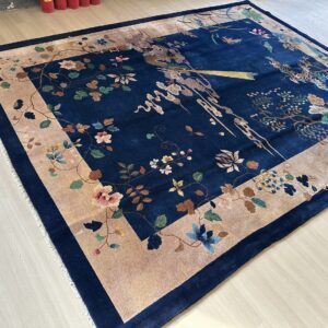 Antique Art Deco Room Size Wool Beige, Navy Rug, detail photo 3, stock number 24061