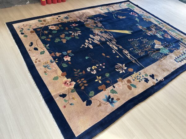 Antique art deco room size wool beige, navy rug 7 Antique art deco room size wool beige, navy rug, detail photo 3, stock number 24061