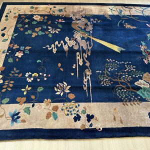 Antique Art Deco Room Size Wool Beige, Navy Rug, detail photo 4, stock number 24061