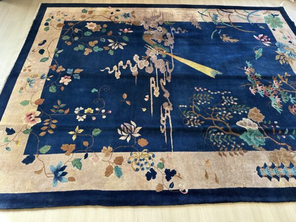Antique art deco room size wool beige, navy rug 8 Antique art deco room size wool beige, navy rug, detail photo 4, stock number 24061