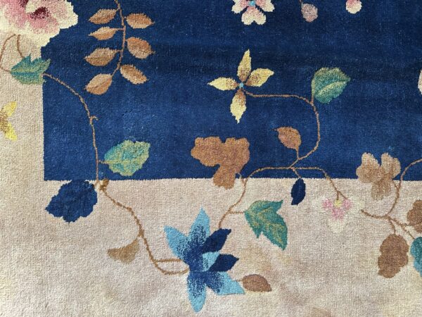 Antique art deco room size wool beige, navy rug 9 Antique art deco room size wool beige, navy rug, detail photo 5, stock number 24061