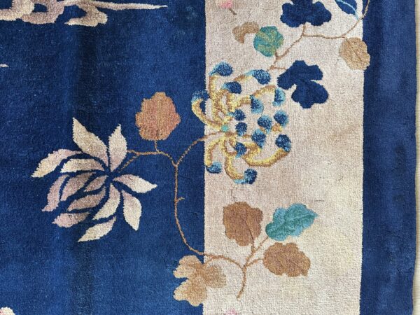 Antique art deco room size wool beige, navy rug 10 Antique art deco room size wool beige, navy rug, detail photo 6, stock number 24061