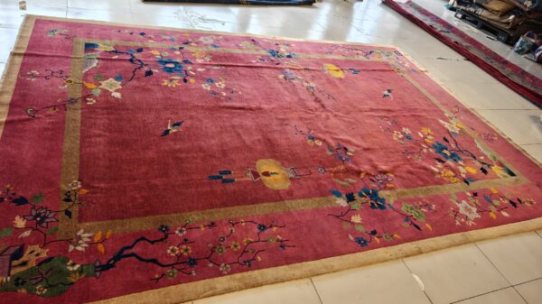 Antique art deco room size wool red vase design rug 14 Antique art deco room size wool red vase design rug, detail photo 10, stock number 24660