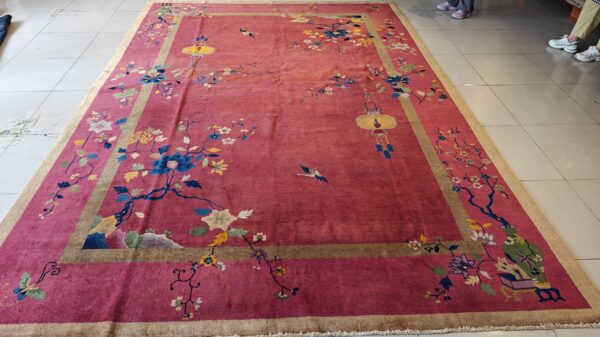Antique art deco room size wool red vase design rug 15 Antique art deco room size wool red vase design rug, detail photo 11, stock number 24660