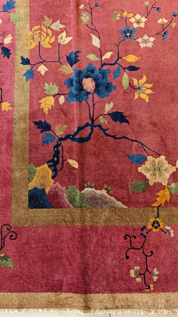 Antique art deco room size wool red vase design rug 6 Antique art deco room size wool red vase design rug, detail photo 2, stock number 24660