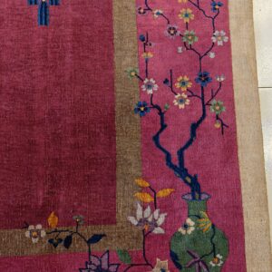 Antique Art Deco Room Size Wool Red Vase Design Rug, detail photo 3, stock number 24660