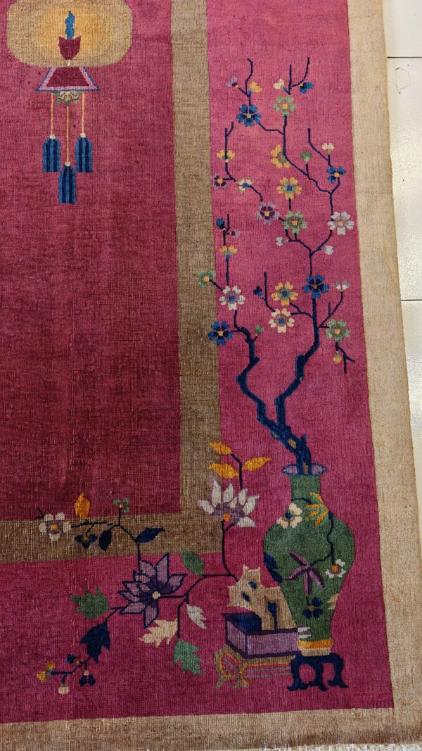 Antique art deco room size wool red vase design rug 7 Antique art deco room size wool red vase design rug, detail photo 3, stock number 24660