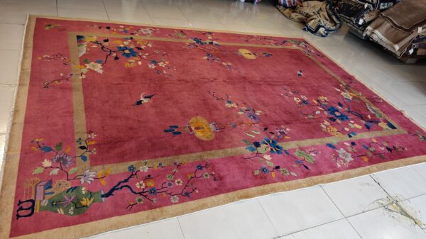 Antique art deco room size wool red vase design rug 11 Antique art deco room size wool red vase design rug, detail photo 7, stock number 24660