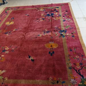 Antique Art Deco Room Size Wool Red Vase Design Rug, detail photo 8, stock number 24660