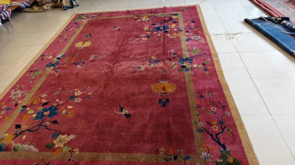 Antique art deco room size wool red vase design rug 12 Antique art deco room size wool red vase design rug, detail photo 8, stock number 24660