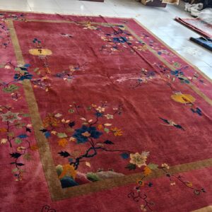 Antique Art Deco Room Size Wool Red Vase Design Rug, detail photo 9, stock number 24660