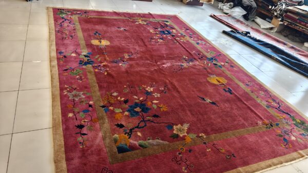 Antique art deco room size wool red vase design rug 13 Antique art deco room size wool red vase design rug, detail photo 9, stock number 24660