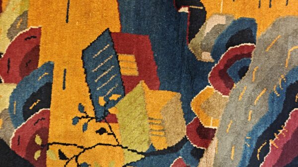 Antique chinese art deco round geometric hand knotted pile yellow rug 4 Antique chinese art deco round geometric hand knotted pile yellow rug, detail photo 1, stock number 21559