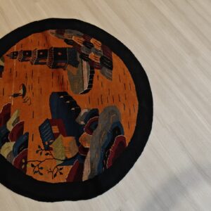 Antique Chinese Art Deco Round Geometric Hand Knotted Pile Yellow Rug, detail photo 10, stock number 21559