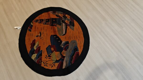 Antique chinese art deco round geometric hand knotted pile yellow rug 13 Antique chinese art deco round geometric hand knotted pile yellow rug, detail photo 10, stock number 21559