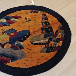 Antique Chinese Art Deco Round Geometric Hand Knotted Pile Yellow Rug, detail photo 11, stock number 21559