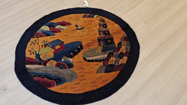 Antique chinese art deco round geometric hand knotted pile yellow rug 14 Antique chinese art deco round geometric hand knotted pile yellow rug, detail photo 11, stock number 21559