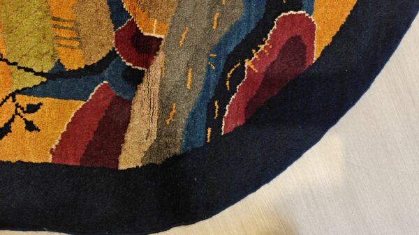 Antique chinese art deco round geometric hand knotted pile yellow rug 5 Antique chinese art deco round geometric hand knotted pile yellow rug, detail photo 2, stock number 21559