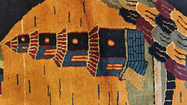 Antique chinese art deco round geometric hand knotted pile yellow rug 7 Antique chinese art deco round geometric hand knotted pile yellow rug, detail photo 4, stock number 21559