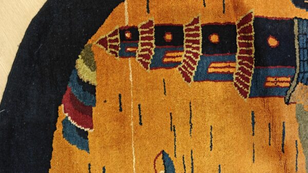 Antique chinese art deco round geometric hand knotted pile yellow rug 8 Antique chinese art deco round geometric hand knotted pile yellow rug, detail photo 5, stock number 21559