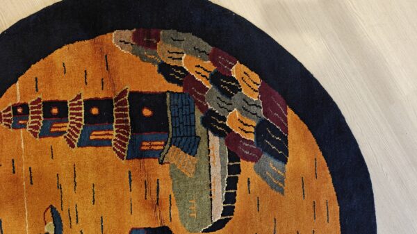 Antique chinese art deco round geometric hand knotted pile yellow rug 9 Antique chinese art deco round geometric hand knotted pile yellow rug, detail photo 6, stock number 21559