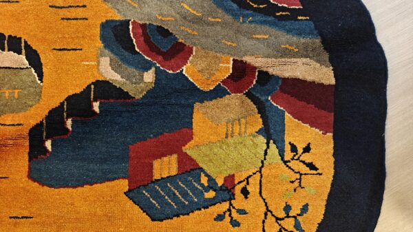 Antique chinese art deco round geometric hand knotted pile yellow rug 10 Antique chinese art deco round geometric hand knotted pile yellow rug, detail photo 7, stock number 21559