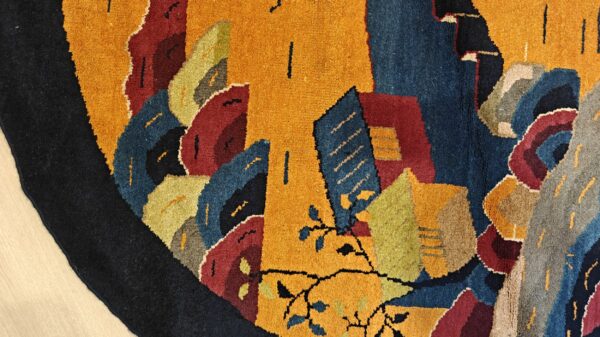 Antique chinese art deco round geometric hand knotted pile yellow rug 11 Antique chinese art deco round geometric hand knotted pile yellow rug, detail photo 8, stock number 21559