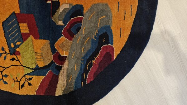 Antique chinese art deco round geometric hand knotted pile yellow rug 12 Antique chinese art deco round geometric hand knotted pile yellow rug, detail photo 9, stock number 21559