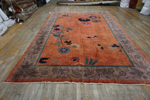 Antique chinese art deco wool yellow hand knotted pile rug 3 Antique chinese art deco wool yellow hand knotted pile rug (sku 26013) - detail view 1